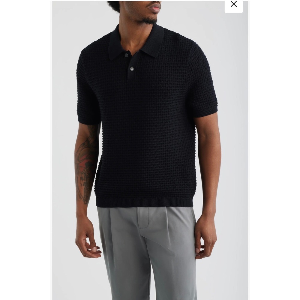Open Edit Mens Short Sleeve Knit Polo Shirt Black Textured Waffle Weave Top M